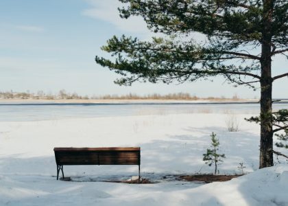Tranquil snowy scene with a wooden bench overlooking a frozen lake in winter.